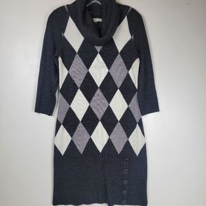 Sandra Darren Gray Diamond Patterned Cowl Neck Sweater Dress, EUC, sz M